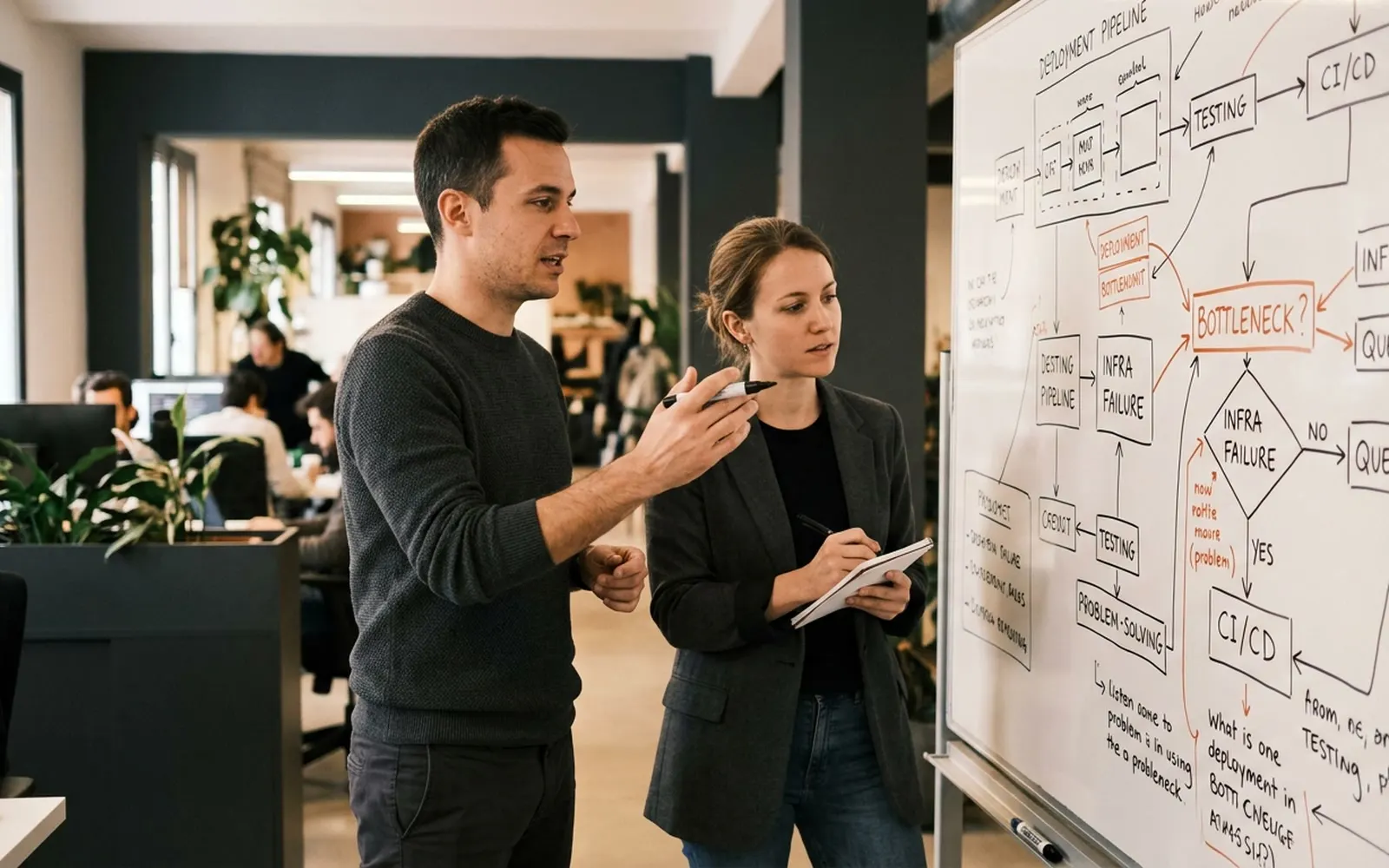 Two people mapping a deployment process on a whiteboard