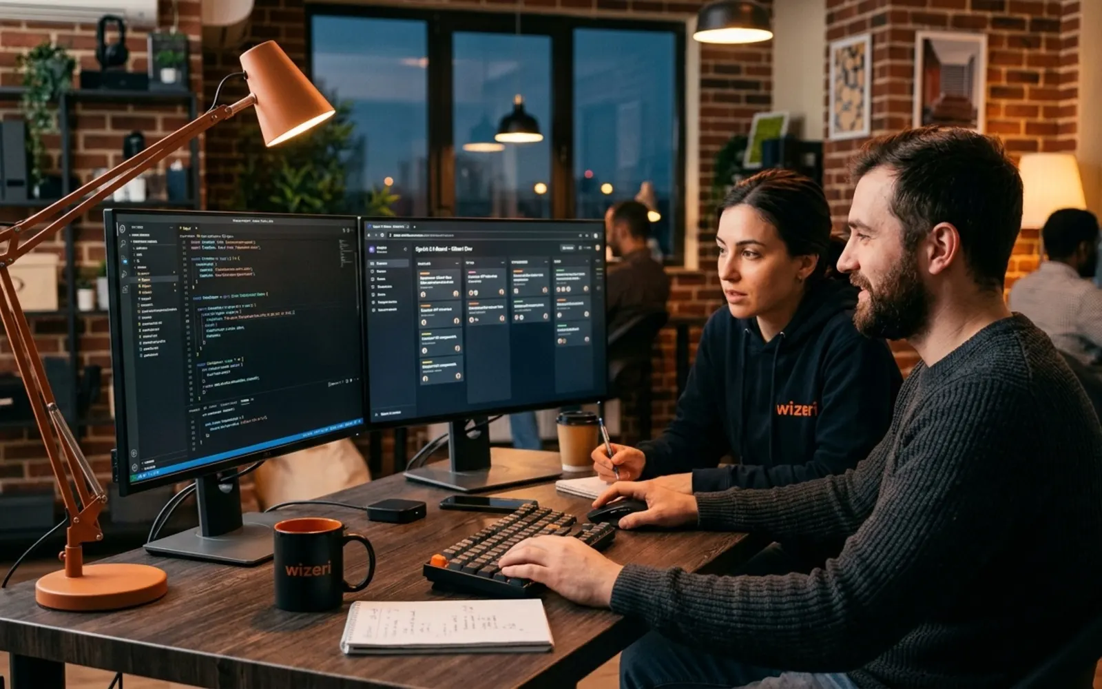 Two engineers reviewing code and a sprint board on two monitors