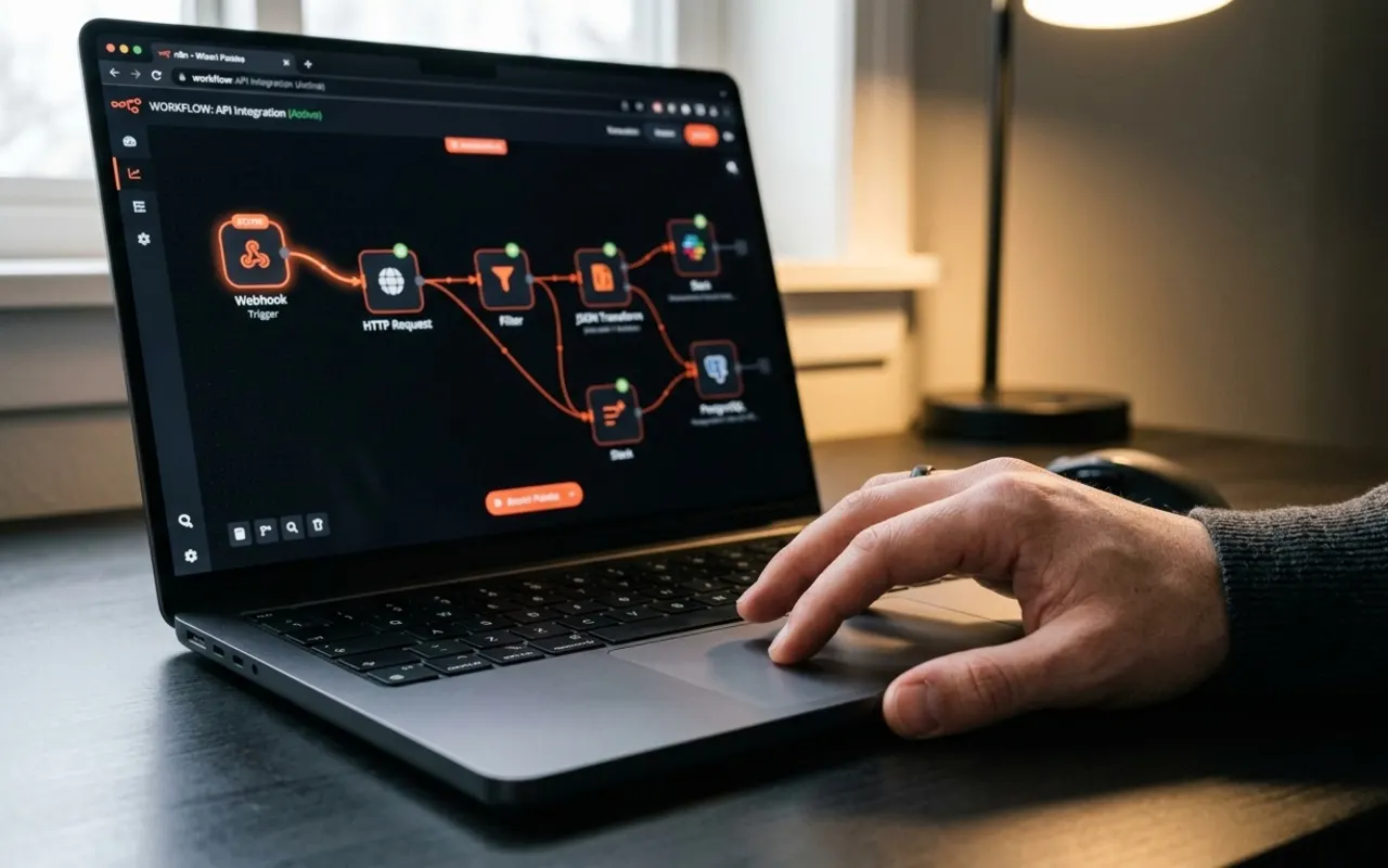 A workflow automation canvas open on a laptop